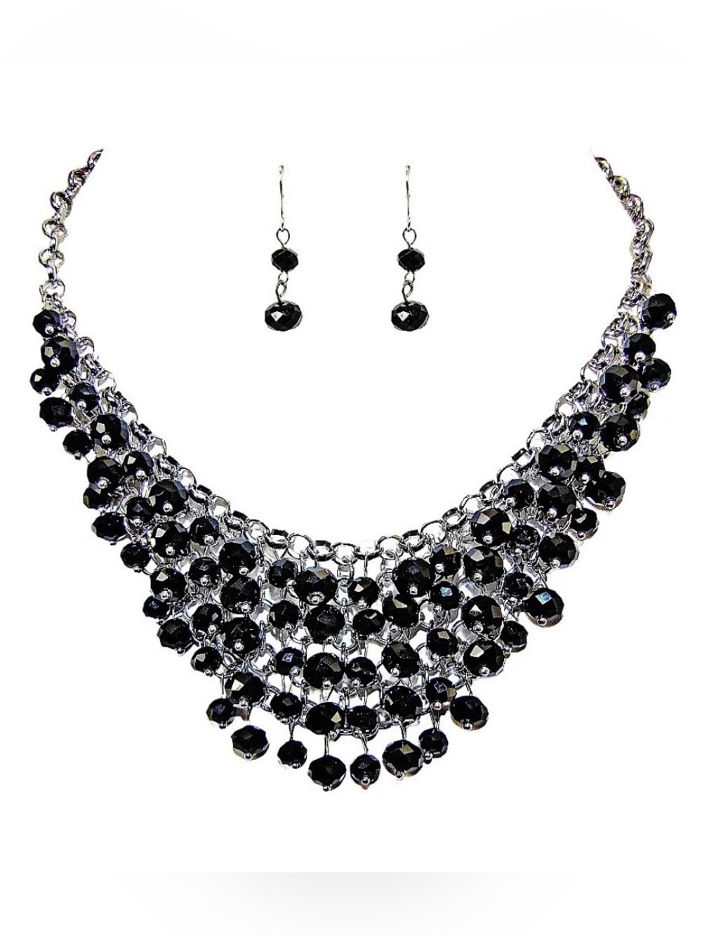 Dramatic Black All Glass Bead Cluster Statement Necklace and Earring Set - NEW
